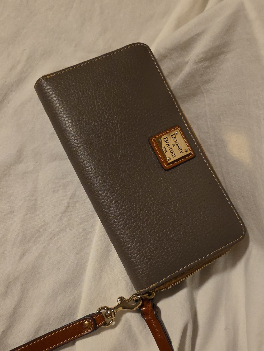 Dooney & Bourke Gray Leather Zip Wristlet with Brown Trim